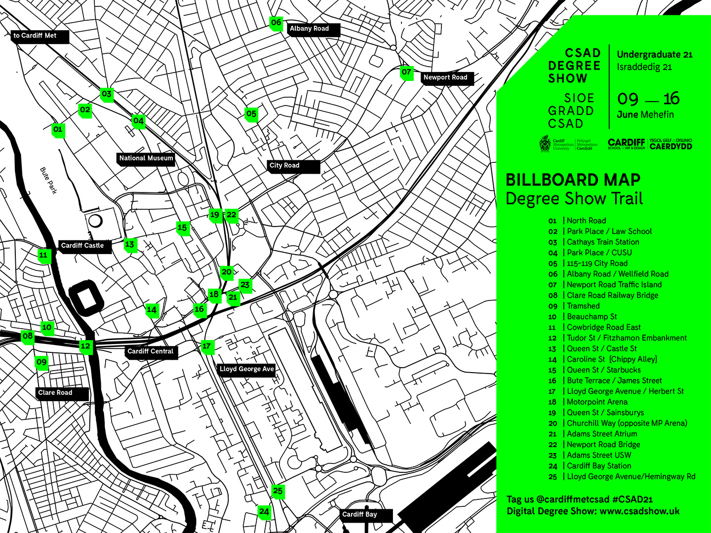 Degree Show Billboard Posters Map of Cardiff City centre sowing the locations