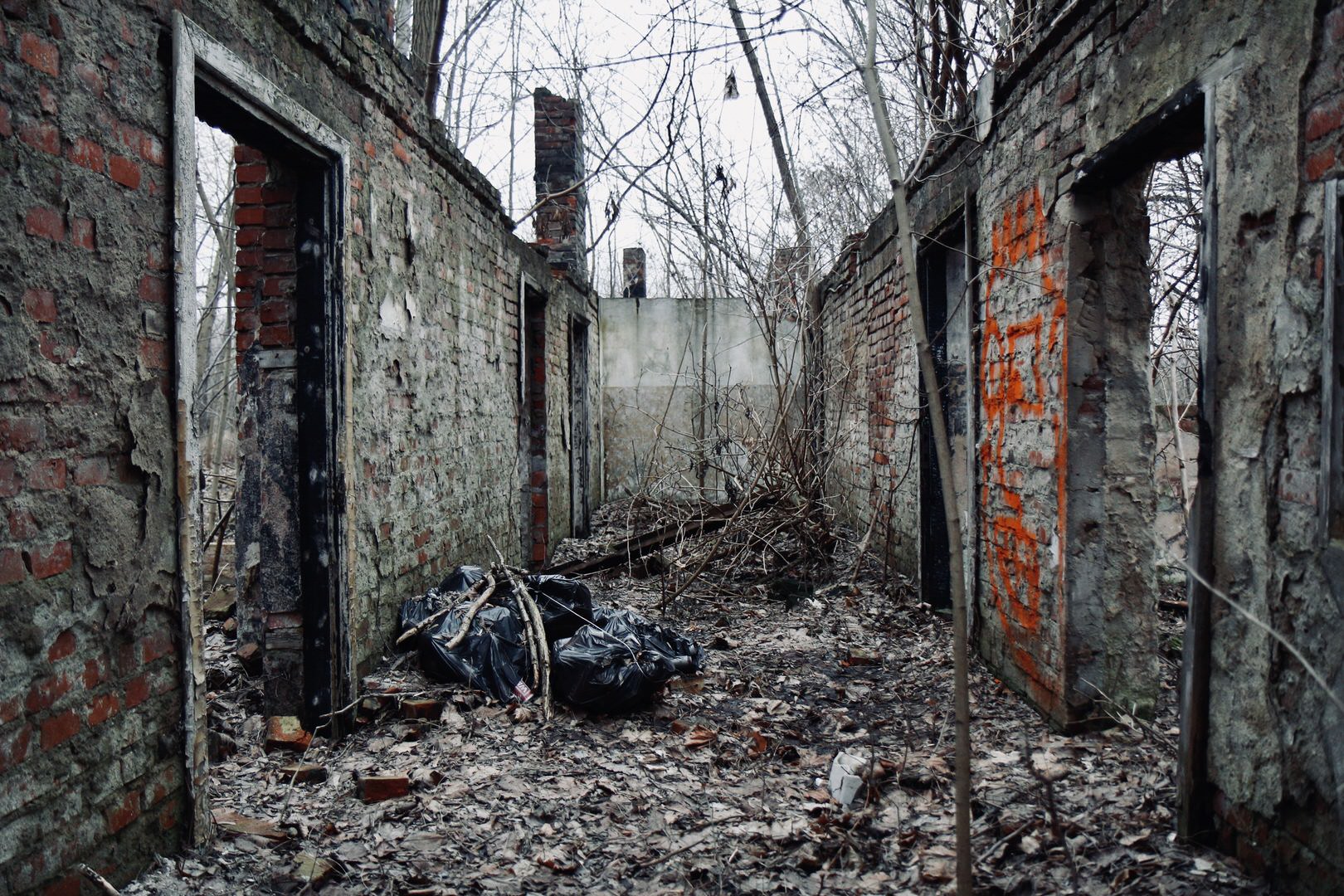 The exterior of some abandoned buildings